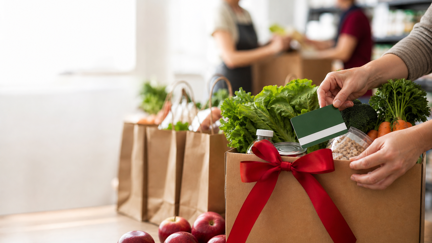 Food donation box with fresh produce and pantry bags