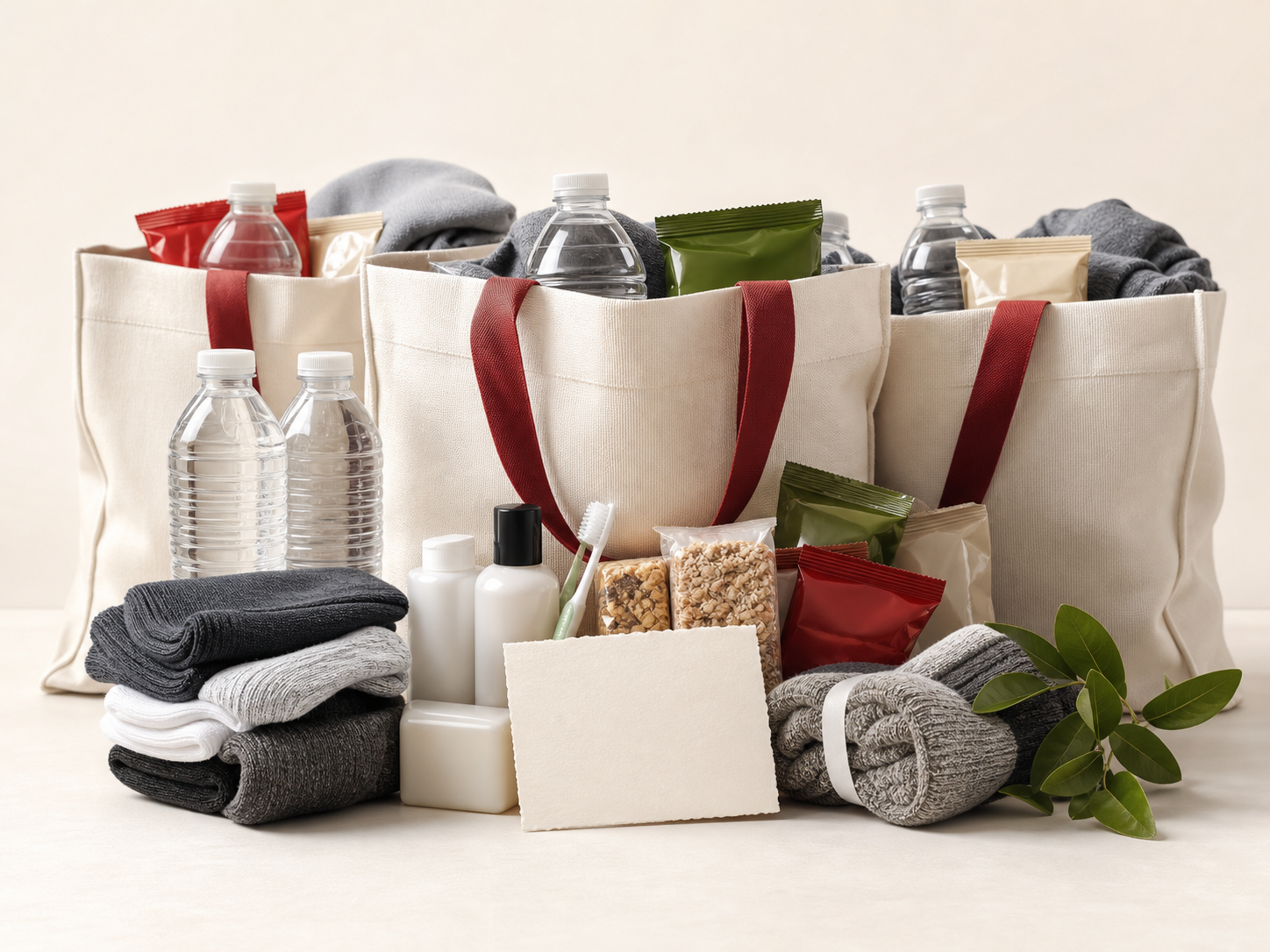 Essentials bags with toiletries, snacks, socks, and water